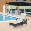 Outsunny Wicker Outdoor Chaise Lounge, 5-Level Adjustable Backrest PE Rattan Pool Lounge Chair with Wheels, Cushion & Headrest, Dark Coffee and Cream