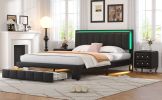 3-Pieces Bedroom Sets,Queen Size Upholstered Bed with LED Lights and Two Motion Activated Night Lights,PU Nightstand with 2 Drawers and Crystal Handle