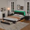 3-Pieces Bedroom Sets,Queen Size Upholstered Bed with LED Lights and Two Motion Activated Night Lights,PU Nightstand with 2 Drawers and Crystal Handle