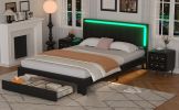 3-Pieces Bedroom Sets,Queen Size Upholstered Bed with LED Lights and Two Motion Activated Night Lights,PU Nightstand with 2 Drawers and Crystal Handle