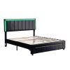 3-Pieces Bedroom Sets,Queen Size Upholstered Bed with LED Lights and Two Motion Activated Night Lights,PU Nightstand with 2 Drawers and Crystal Handle