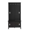 ON-TREND Multifunctional Hall Tree with Sliding Doors, Wooden Hallway Shoe Cabinet with Storage Bench and Shelves, Mudroom Coat Storage with Hanging H