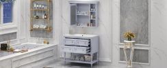 36'' Bathroom Vanity with Medicine Cabinet, Modern Mirror Cabinet with Adjustable Shelf, Bathroom Storage Cabinet with 4 Drawers, Solid Wood Frame Bat