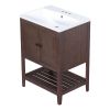 24" White Modern Sleek Bathroom Vanity Elegant Ceramic Sink with Solid Wood Frame Open Style Shelf