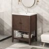 24" White Modern Sleek Bathroom Vanity Elegant Ceramic Sink with Solid Wood Frame Open Style Shelf